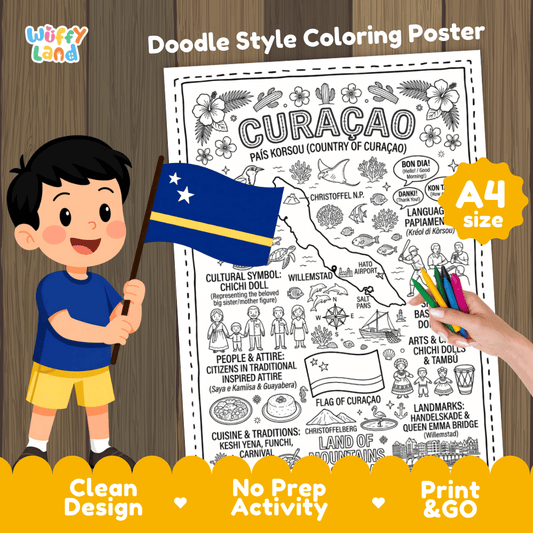 Curacao country study doodle style coloring poster printable page featuring island map, Handelskade, and cultural symbols