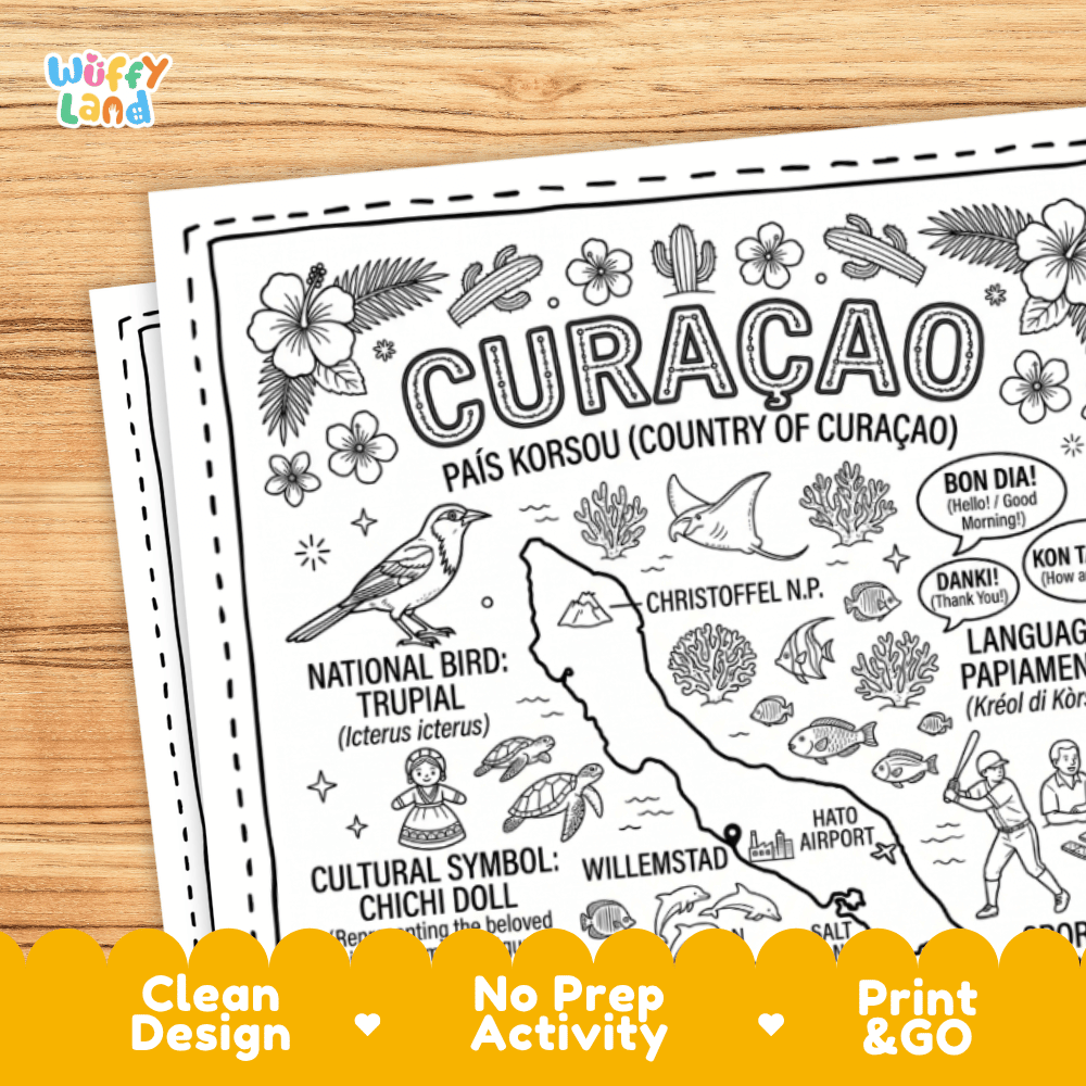 Cultural coloring page featuring traditional Curacao attire, Tambu drum, Keshi Yena dish, baseball, and Bon Dia greeting speech bubbles