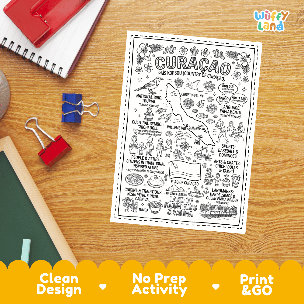 Doodle map coloring sheet showing Curacao, Willemstad Handelskade buildings, Queen Emma Bridge, and Christoffelberg