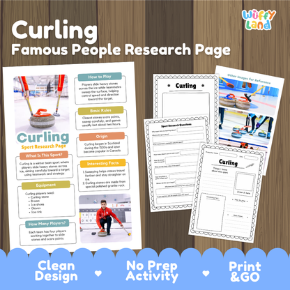 A curling-themed educational poster and printable activity sheet set on a wood background. The design shows a colorful curling sport research page, several worksheet pages, and a 'Wiffy Land' logo in the top right.
