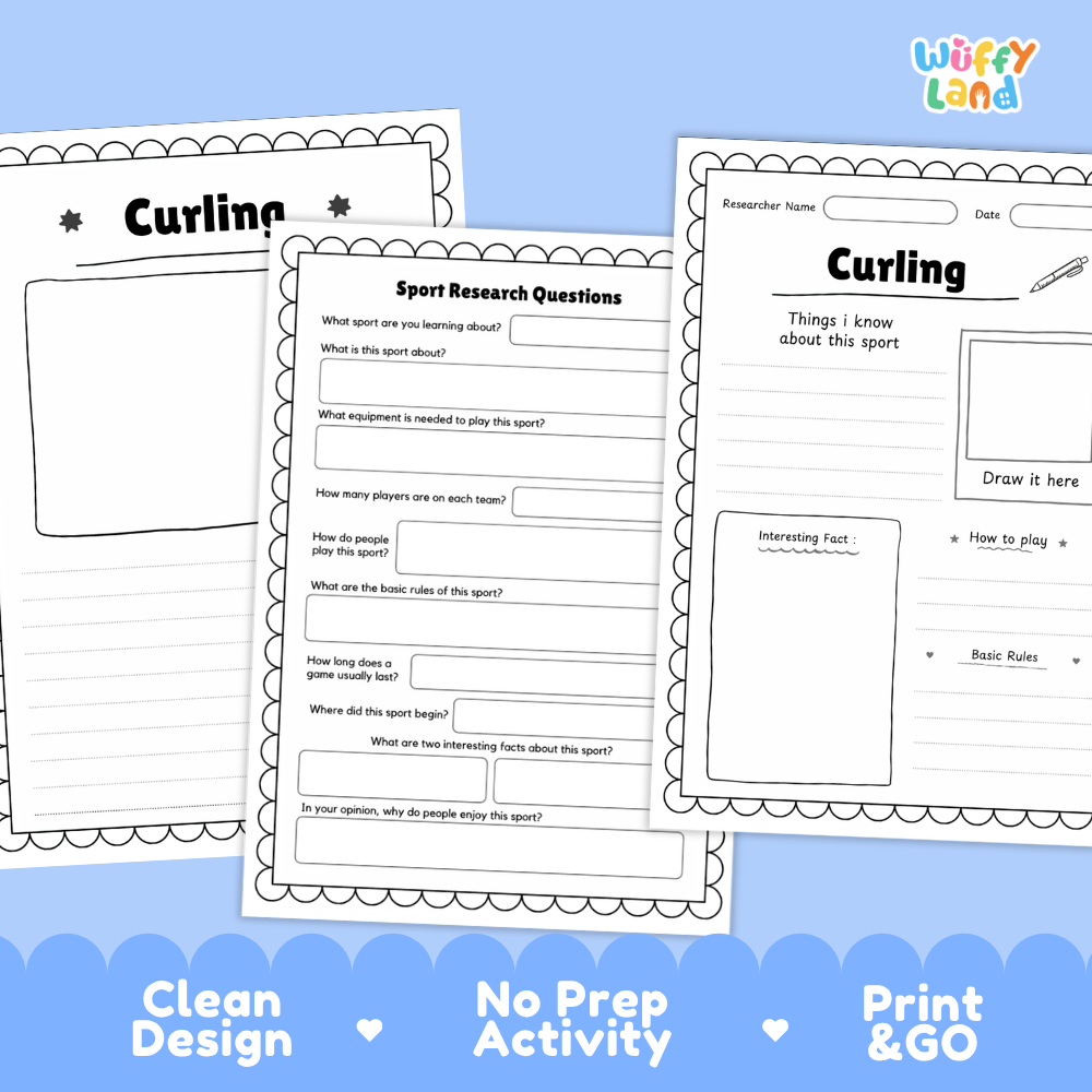 Three printable curling activity sheets with lined writing areas and question prompts, shown on a light blue background with the text 'Clean Design', 'No Prep Activity', and 'Print & GO'. The sheets are branded with the Wiffly Land logo.