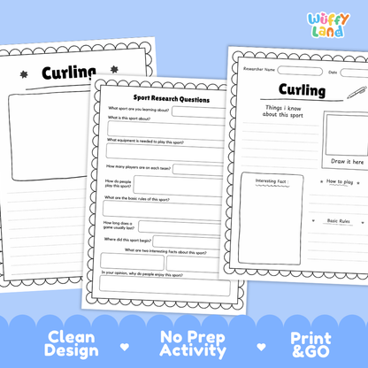 Three printable curling activity sheets with lined writing areas and question prompts, shown on a light blue background with the text 'Clean Design', 'No Prep Activity', and 'Print & GO'. The sheets are branded with the Wiffly Land logo.