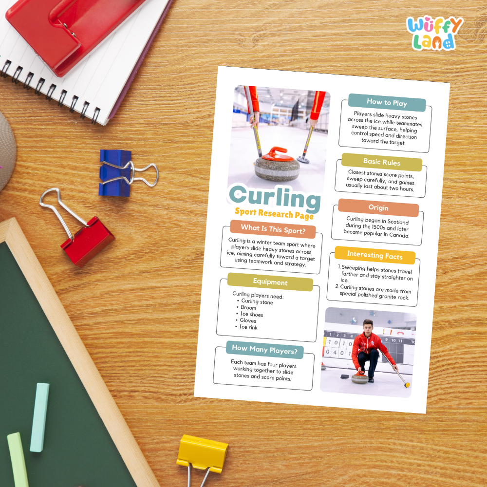A printed educational worksheet titled 'Curling Sport Research Page' laid flat on a desk, surrounded by school supplies including a spiral notebook, blue and red binder clips, a green chalkboard, and a pencil. The worksheet contains text sections and small curling activity images.