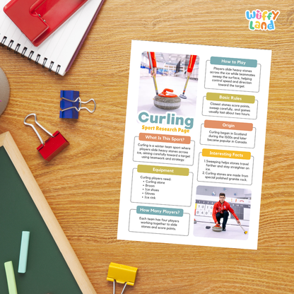 A printed educational worksheet titled 'Curling Sport Research Page' laid flat on a desk, surrounded by school supplies including a spiral notebook, blue and red binder clips, a green chalkboard, and a pencil. The worksheet contains text sections and small curling activity images.