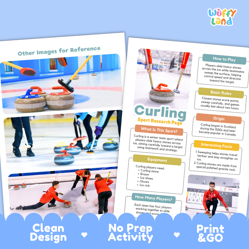 Two printed activity sheets for a curling sport research project, displayed on a white background with a blue decorative banner at the bottom. The sheets feature photos of people playing curling and text sections including 'How to Play', 'Basic Rules', 'Origin', and 'Interesting Facts'.