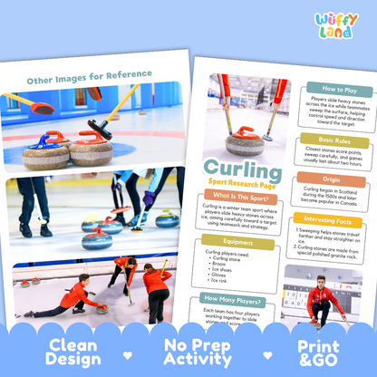Two printed activity sheets for a curling sport research project, displayed on a white background with a blue decorative banner at the bottom. The sheets feature photos of people playing curling and text sections including 'How to Play', 'Basic Rules', 'Origin', and 'Interesting Facts'.