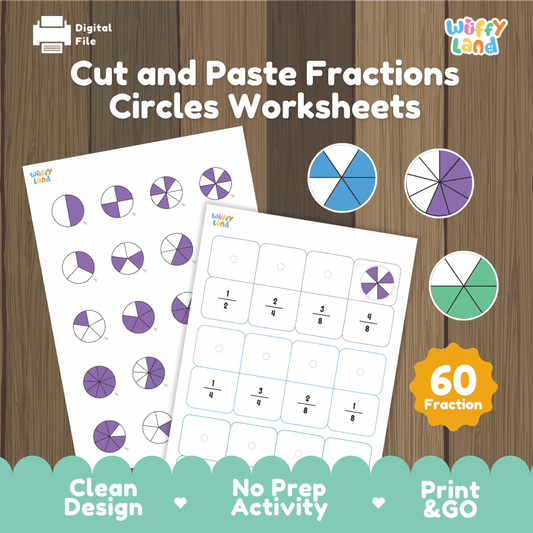 Cut and paste fractions circles worksheets 60 fractions printable activity pack overview from Wuffy Land featuring fraction sorting mats and pie cut-outs 🥧✂️