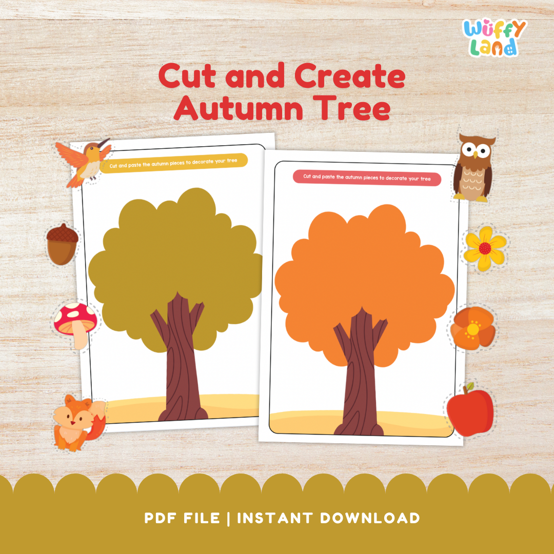 Two printable autumn tree craft templates for kids featuring blank trees with green and orange leaves. The activity invites children to cut and paste seasonal decorations like leaves, acorns, mushrooms, and apples to complete their fall-themed trees.