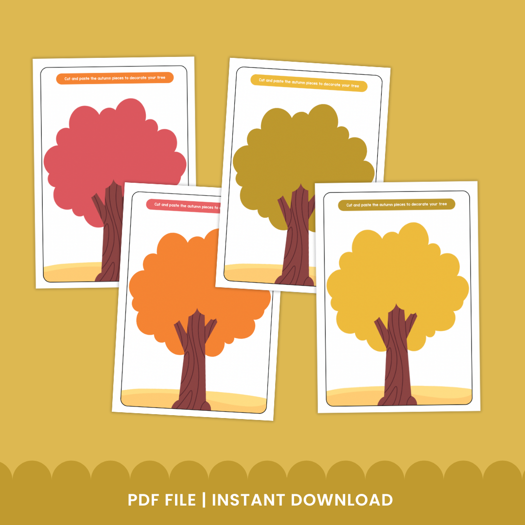 Two printable autumn tree craft templates for kids featuring blank trees with green and orange leaves. The activity invites children to cut and paste seasonal decorations like leaves, acorns, mushrooms, and apples to complete their fall-themed trees.