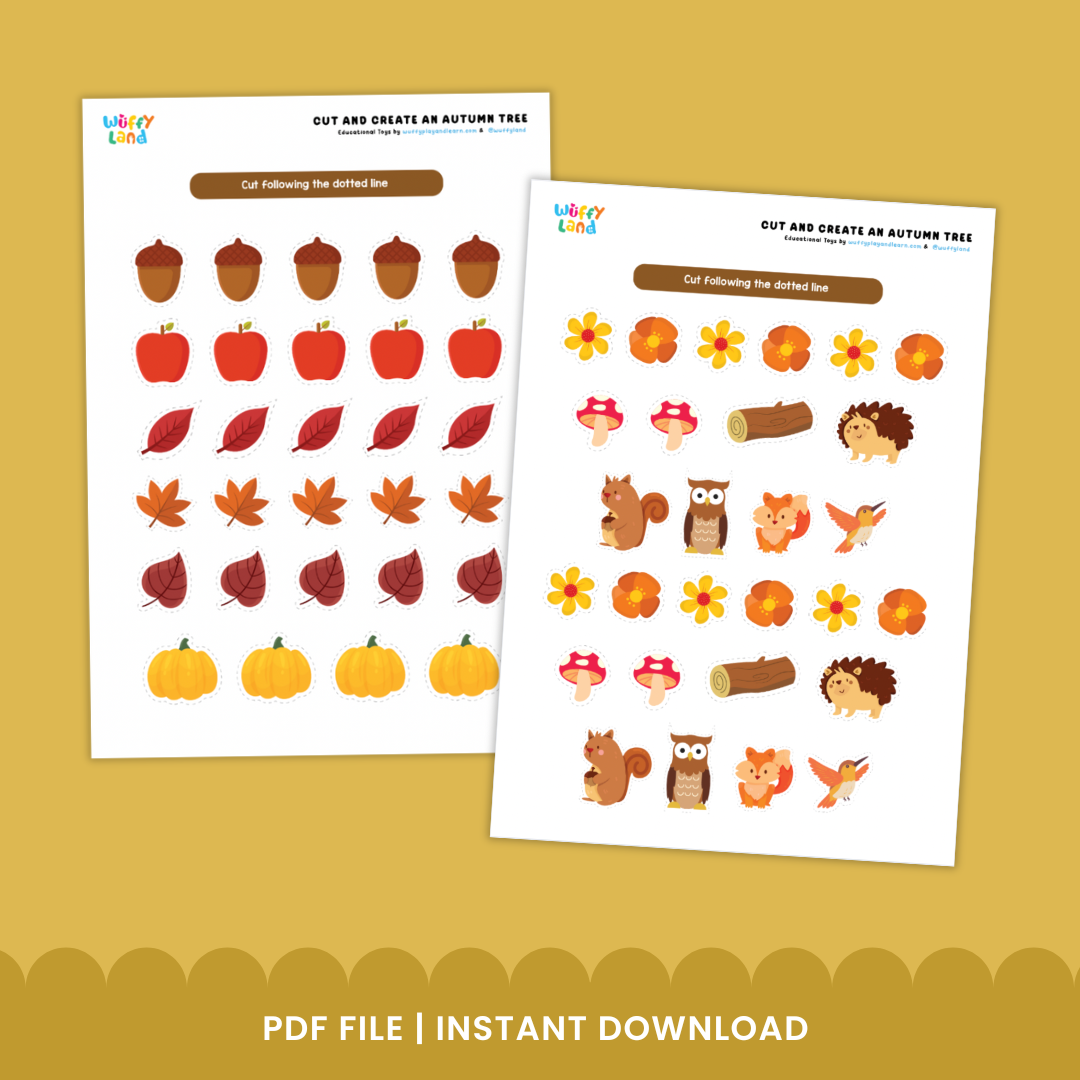Two printable autumn tree craft templates for kids featuring blank trees with green and orange leaves. The activity invites children to cut and paste seasonal decorations like leaves, acorns, mushrooms, and apples to complete their fall-themed t