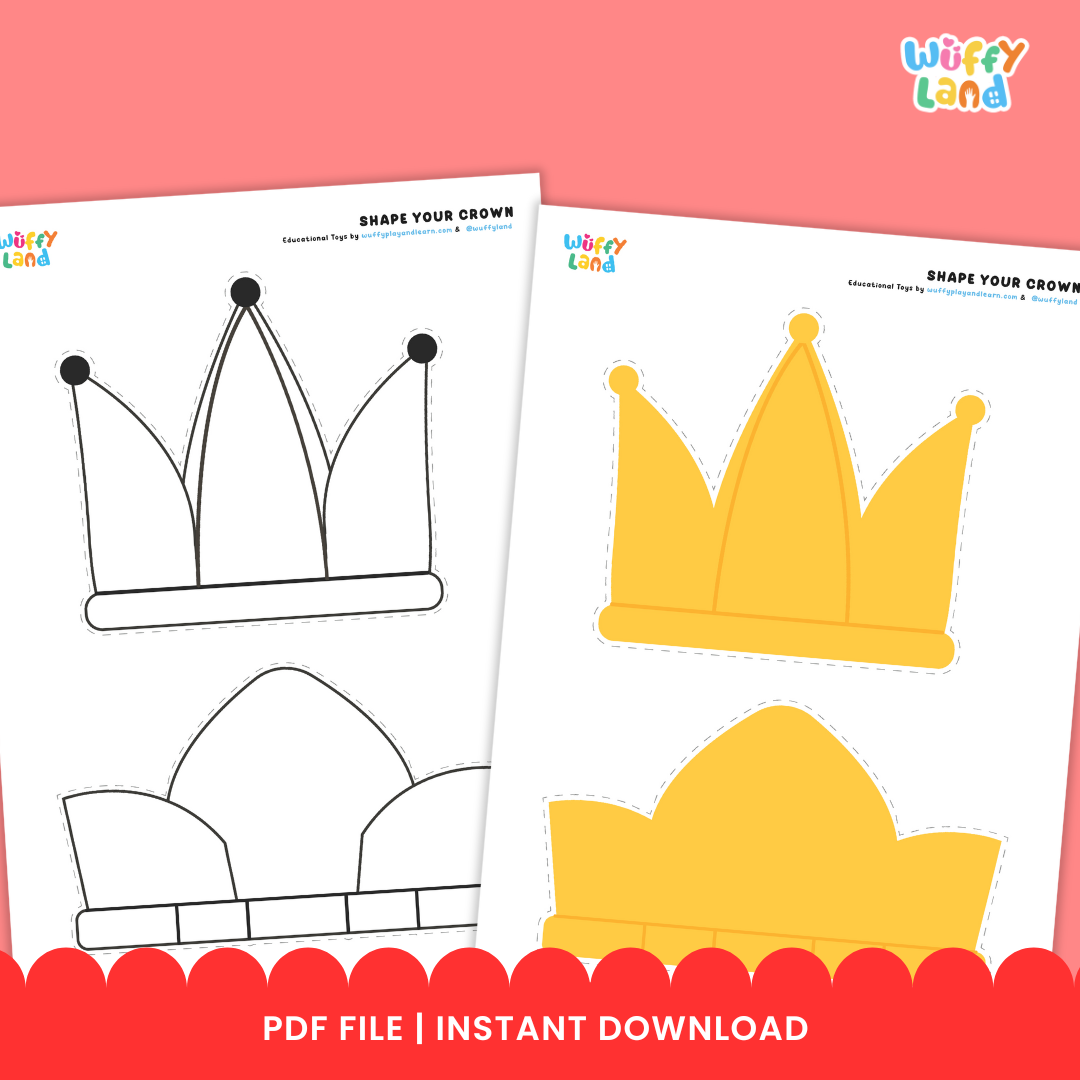 Printable crown craft activity for kids featuring cut-and-paste crown templates, colorful jewel shapes, and decorative pieces for assembling and designing paper crowns