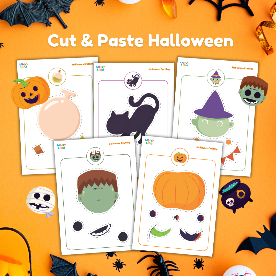 Halloween-themed cut and paste activity sheets on an orange background with Halloween decorations.