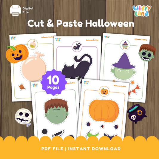 Set of Halloween-themed cut and paste activity sheets featuring fun characters like a pumpkin, black cat, witch, and Frankenstein. Each page includes dashed outlines for cutting and assembling different Halloween crafts, perfect for preschool and kindergarten.