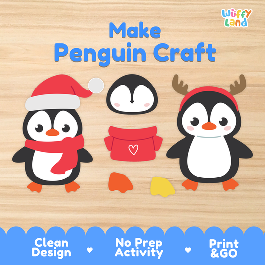 Printable penguin craft featuring mix-and-match pieces including a penguin body, head, scarf, Santa hat, sweater with a heart, reindeer antlers, and colorful feet for kids to cut and assemble