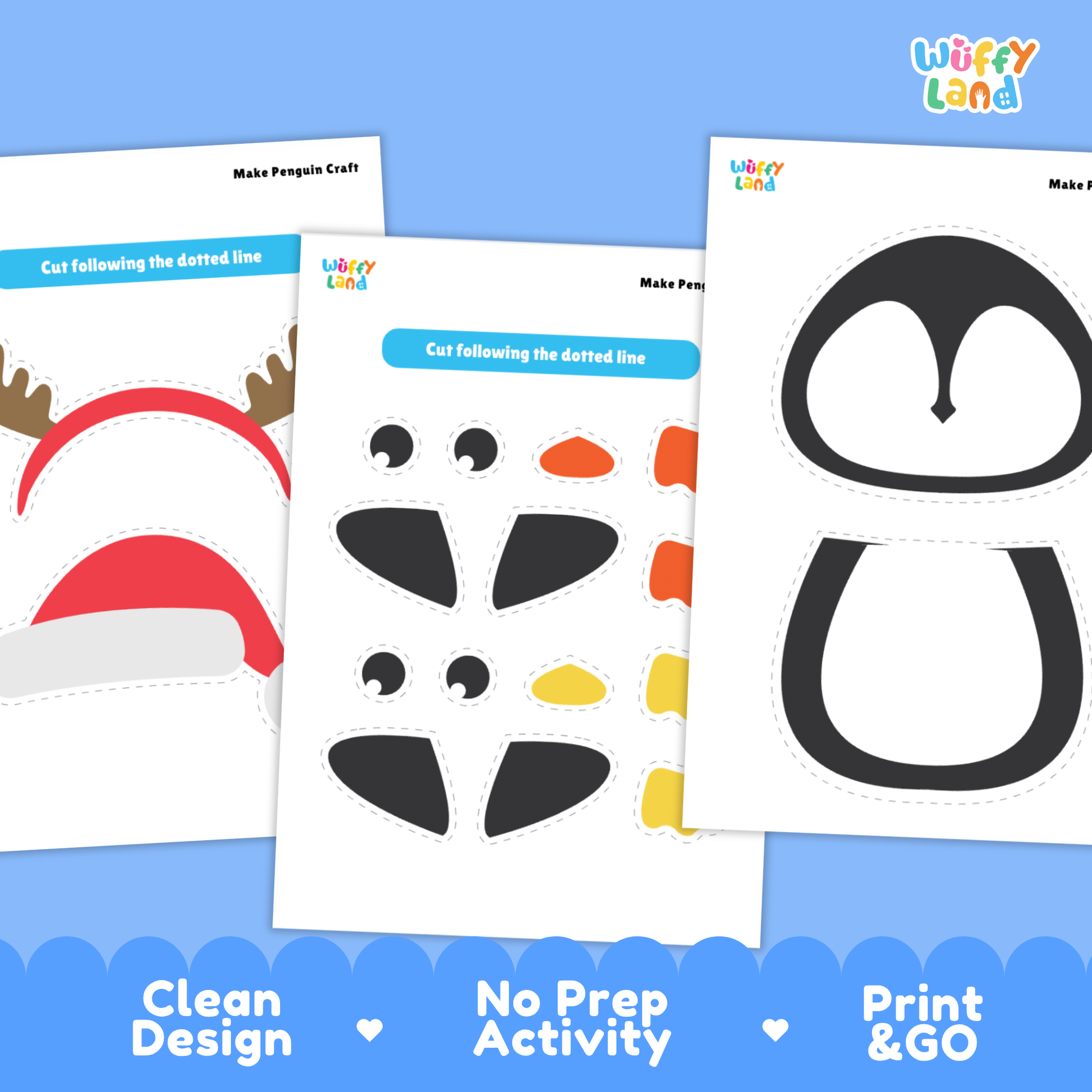 Printable penguin craft featuring mix-and-match pieces including a penguin body, head, scarf, Santa hat, sweater with a heart, reindeer antlers, and colorful feet for kids to cut and assemble