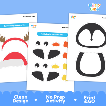 Printable penguin craft featuring mix-and-match pieces including a penguin body, head, scarf, Santa hat, sweater with a heart, reindeer antlers, and colorful feet for kids to cut and assemble