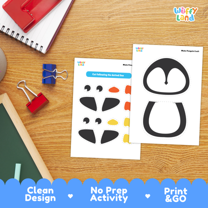 Printable penguin craft featuring mix-and-match pieces including a penguin body, head, scarf, Santa hat, sweater with a heart, reindeer antlers, and colorful feet for kids to cut and assemble
