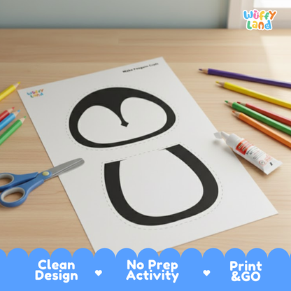 Printable penguin craft featuring mix-and-match pieces including a penguin body, head, scarf, Santa hat, sweater with a heart, reindeer antlers, and colorful feet for kids to cut and assemble