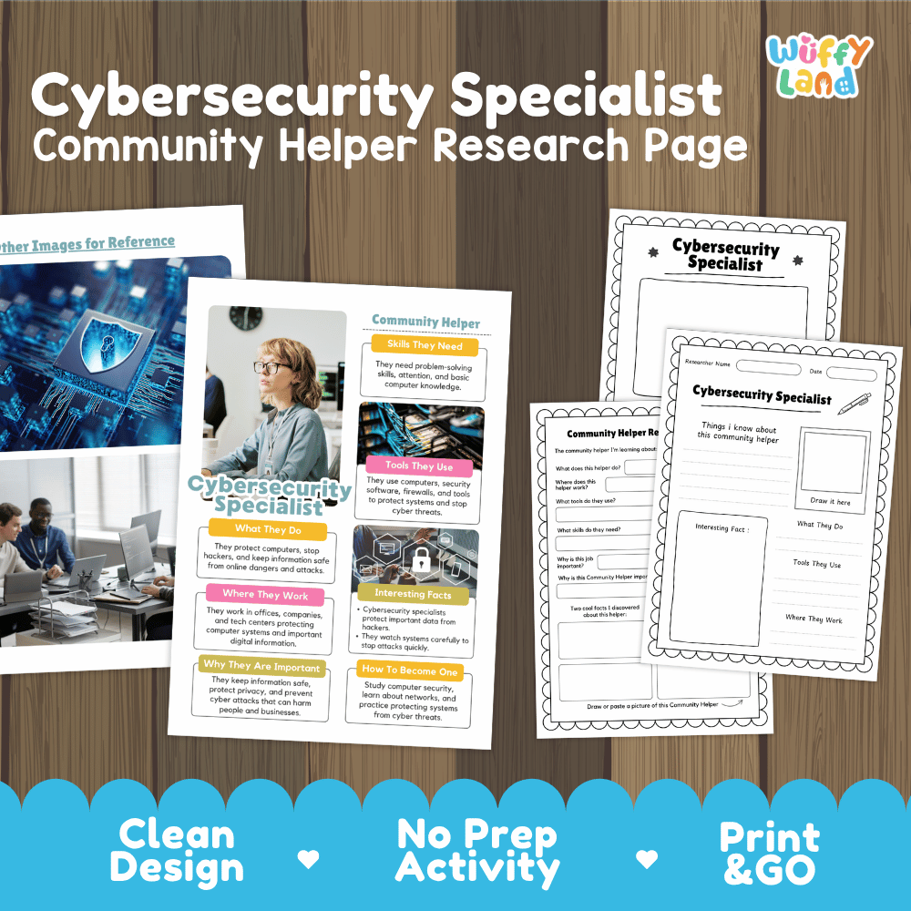 Cybersecurity specialist community helper research page writing worksheets pack featuring real photos and student activity pages for elementary social studies and STEM