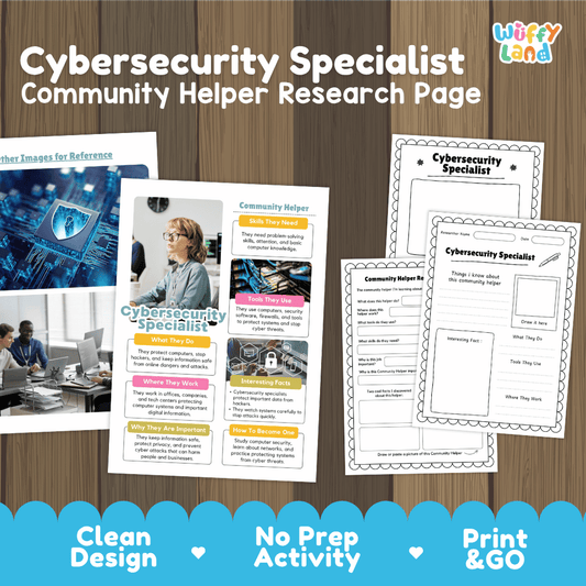 Cybersecurity specialist community helper research page writing worksheets pack featuring real photos and student activity pages for elementary social studies and STEM