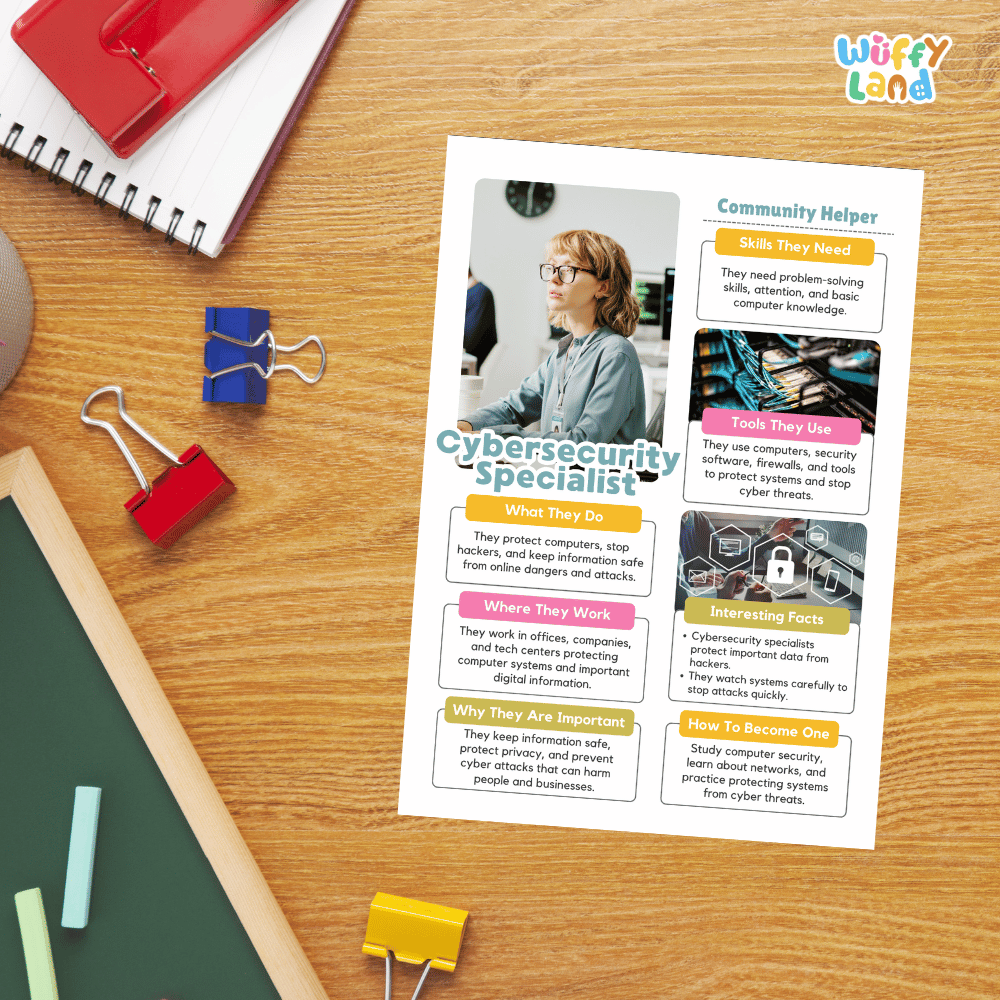 Guided student writing worksheets with lined sections for recording facts and a dedicated box for drawing or pasting a picture of a cybersecurity specialist