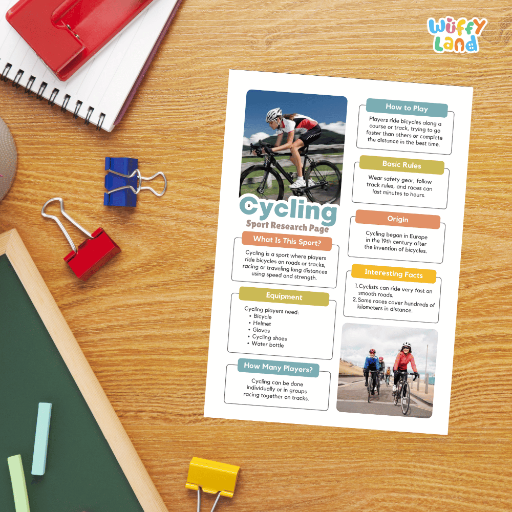 A printed cycling educational poster laid on a wooden desk, surrounded by school supplies including a red notebook, blue and red binder clips, chalk, and paper clips. The poster has colorful text boxes and cycling photos.