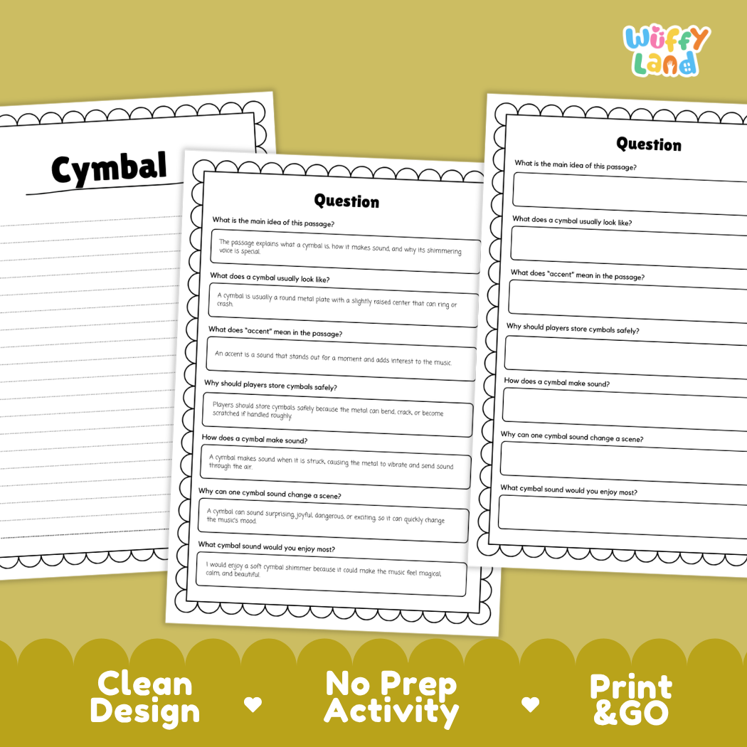 Informational reading passage page detailing the cymbal percussion instrument metal plates vibration crash accents and care with photos