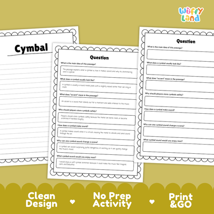 Informational reading passage page detailing the cymbal percussion instrument metal plates vibration crash accents and care with photos