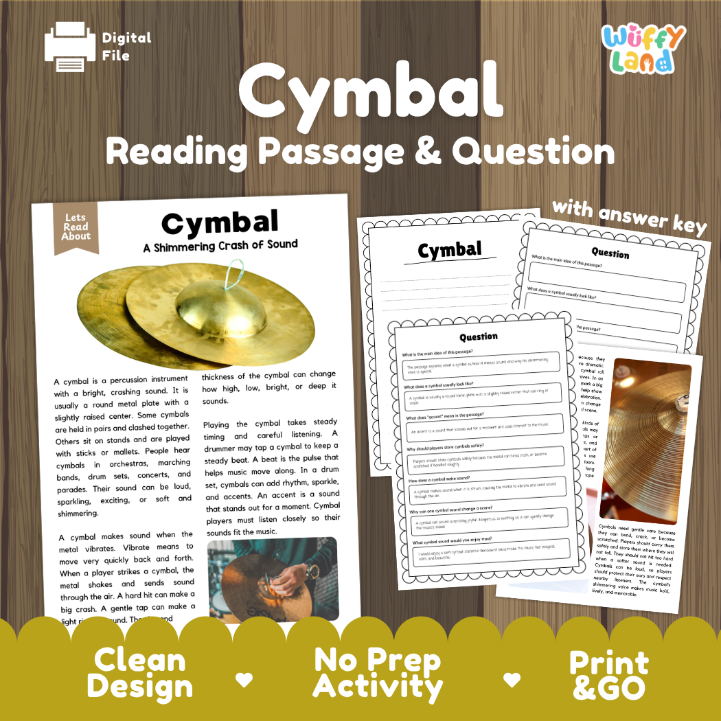 Cymbal reading comprehension passage and questions printable activity pack with answer key for elementary students