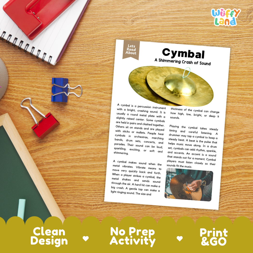 Student reading comprehension worksheet with short-answer questions and lined sections about the cymbal instrument