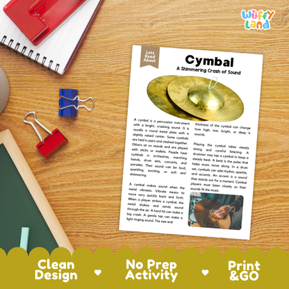 Student reading comprehension worksheet with short-answer questions and lined sections about the cymbal instrument