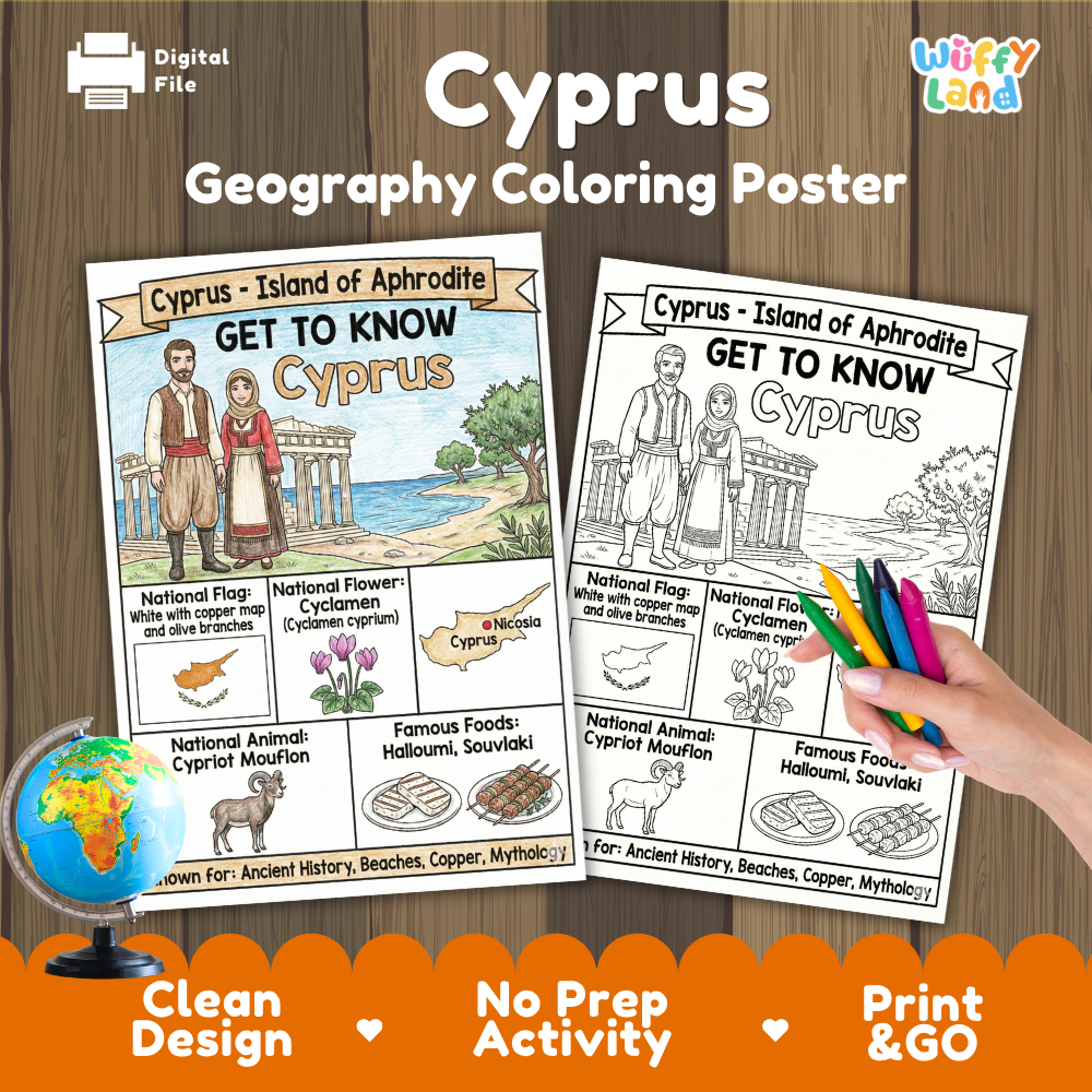Get to know Cyprus coloring poster paired with photo flashcards of Kyrenia Bay, traditional clothing, Souvlaki, and Nicosia Government Building