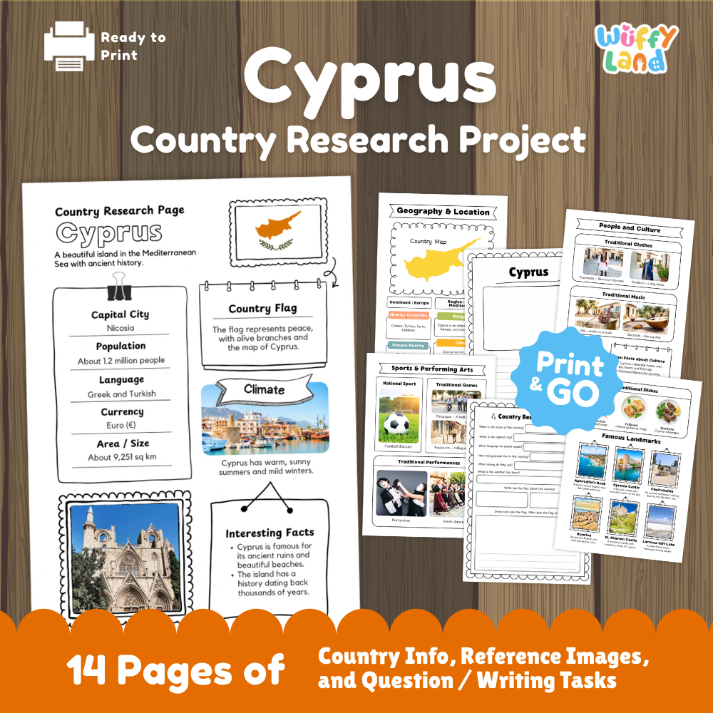 Student country research worksheet on Cyprus featuring national flag, Nicosia capital facts, Mediterranean climate, and island map