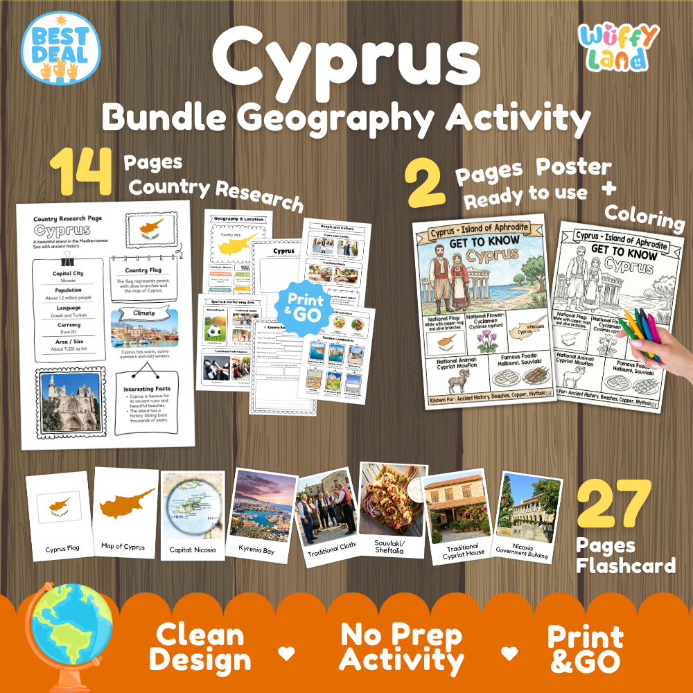 Cyprus geography activity bundle cover showing 14 country research pages, 2 ready to use coloring posters, and 27 photo flashcards