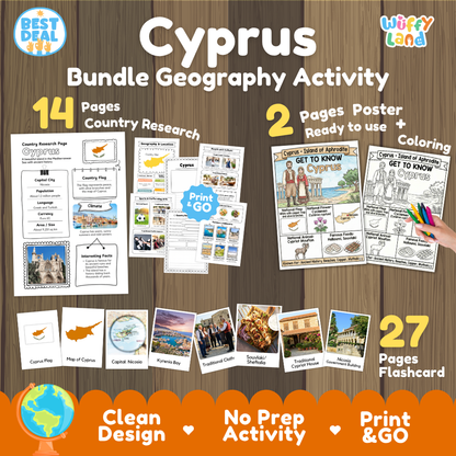 Cyprus geography activity bundle cover showing 14 country research pages, 2 ready to use coloring posters, and 27 photo flashcards