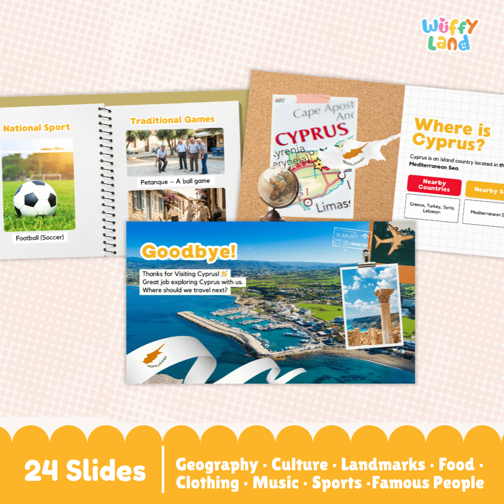 A set of educational slide deck templates for a Cyprus geography and culture unit, shown as a digital mockup with various pages including a spiral-bound notebook, a corkboard, and a main slide with a beach photo, on a pink patterned background with a yellow 'Wuffy Land' logo.