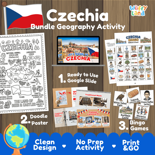 Complete Czechia geography activity bundle featuring Google Slides, doodle coloring poster, and classroom bingo games 🇨🇿🎒