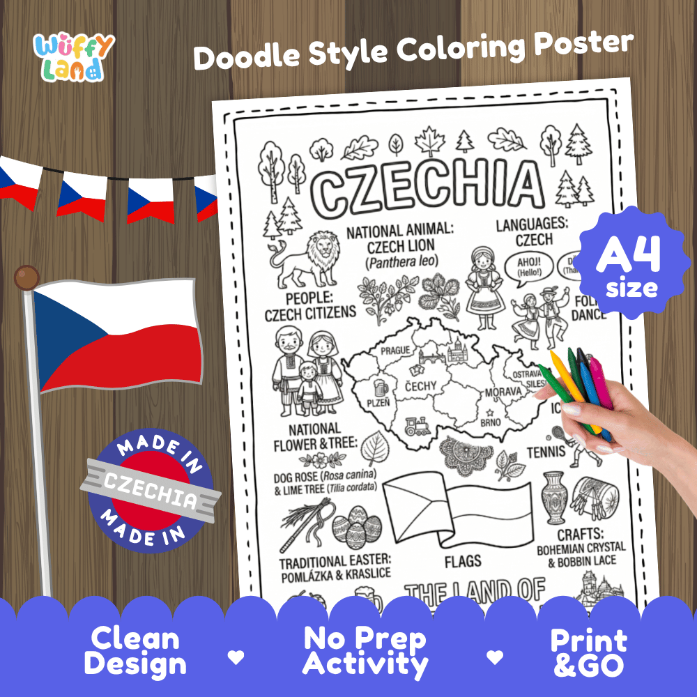 Czechia country study doodle style coloring poster printable page featuring map, landmarks, and cultural symbols