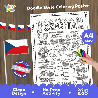 Czechia country study doodle style coloring poster printable page featuring map, landmarks, and cultural symbols
