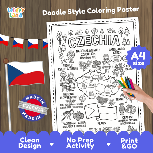 Czechia country study doodle style coloring poster printable page featuring map, landmarks, and cultural symbols
