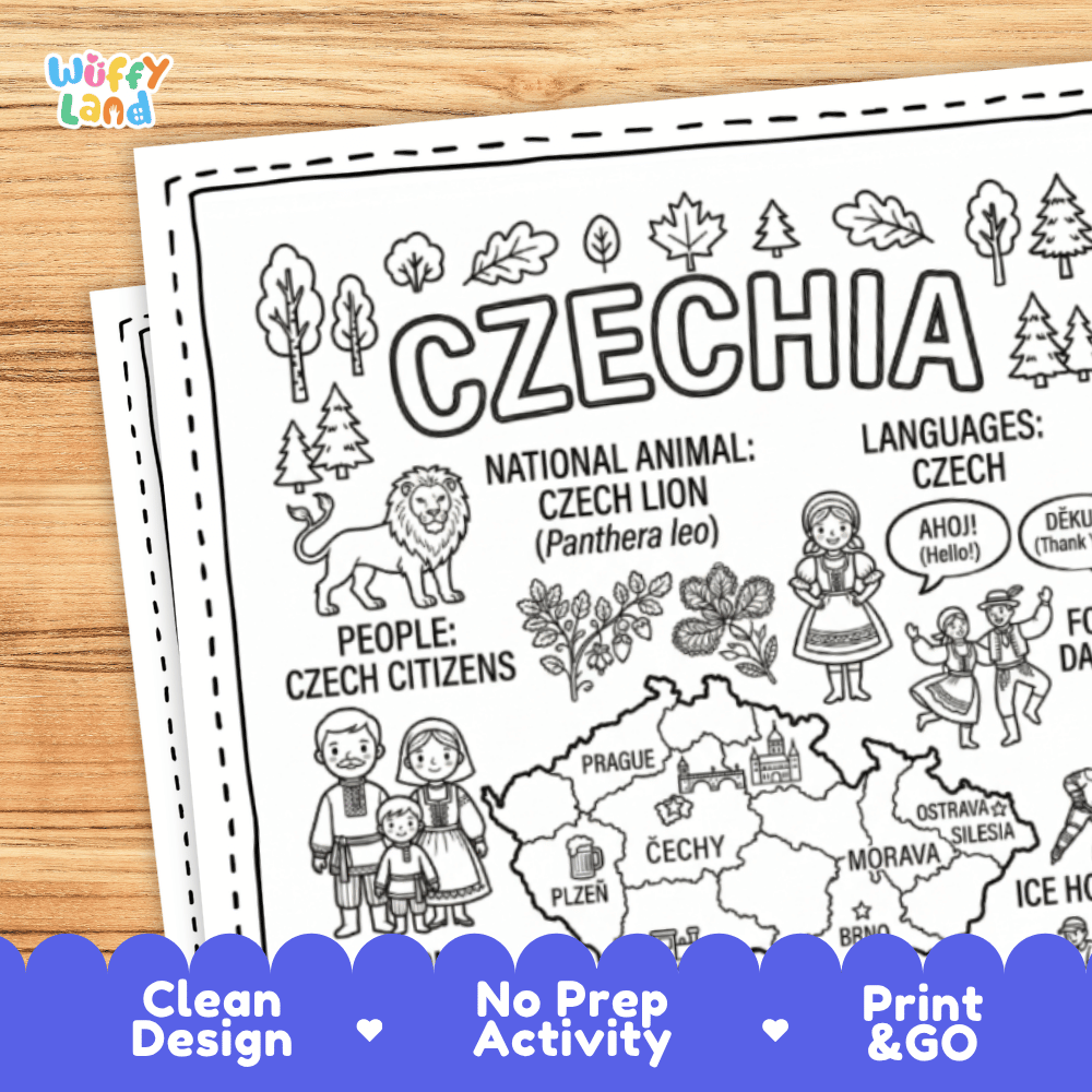 Cultural coloring page featuring traditional Czech costume, Bohemian crystal, bobbin lace, and Ahoj greeting speech bubbles
