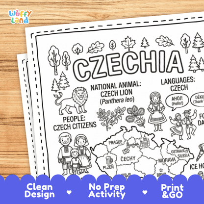 Cultural coloring page featuring traditional Czech costume, Bohemian crystal, bobbin lace, and Ahoj greeting speech bubbles