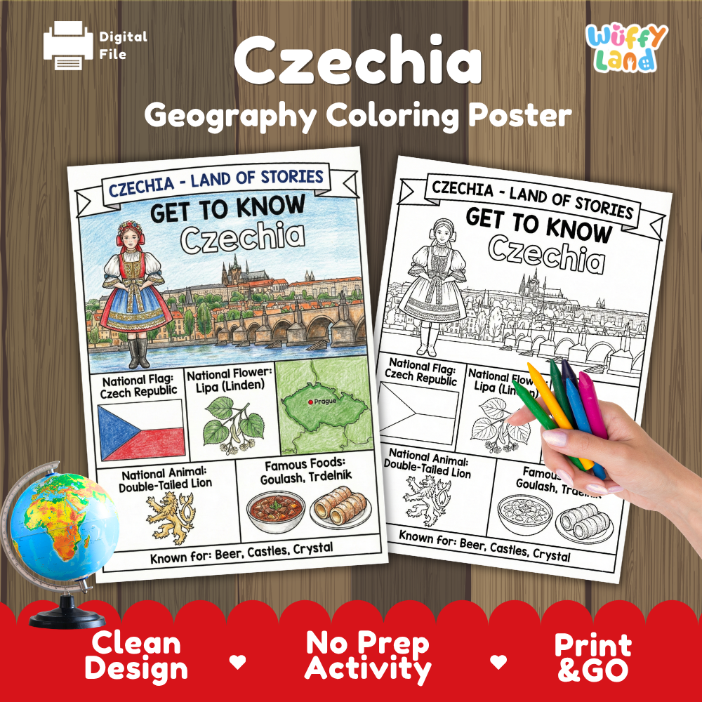 Czechia geography activity bundle cover showing 14 country research pages, 2 ready to use coloring posters, and 27 photo flashcards