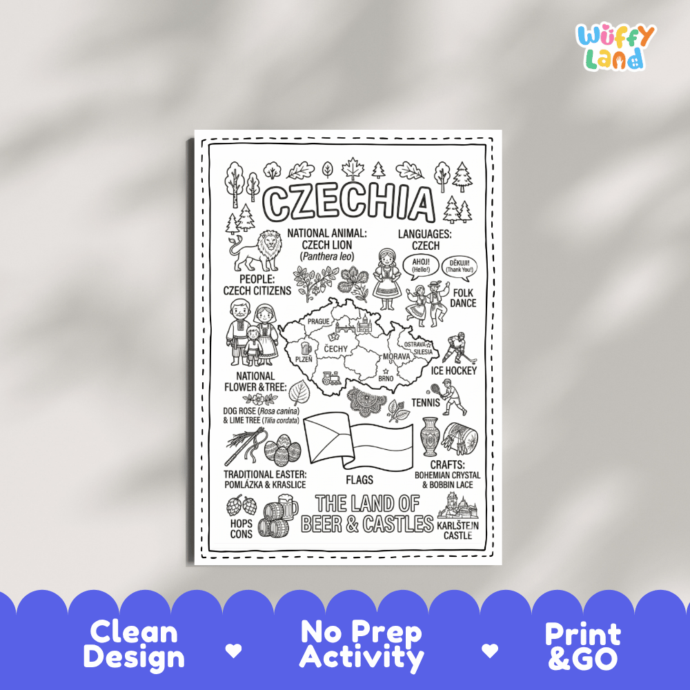 Educational activity coloring page highlighting Czechia double-tailed lion, Dog Rose, Lime Tree, and Easter kraslice
