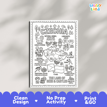 Educational activity coloring page highlighting Czechia double-tailed lion, Dog Rose, Lime Tree, and Easter kraslice