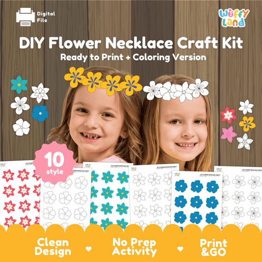 DIY flower necklace craft kit printable flower crown and lei activity pack overview from Wuffy Land featuring 10 styles 🌸🌺