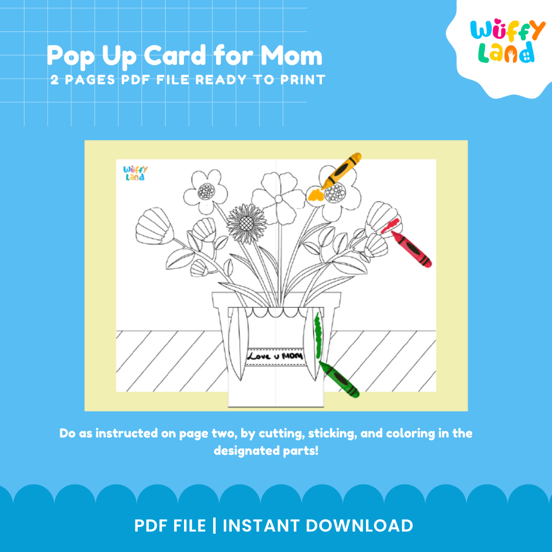 Line art flower bouquet pop-up greeting card craft for kids with crayons showing colored petals and leaves 🌻✂️