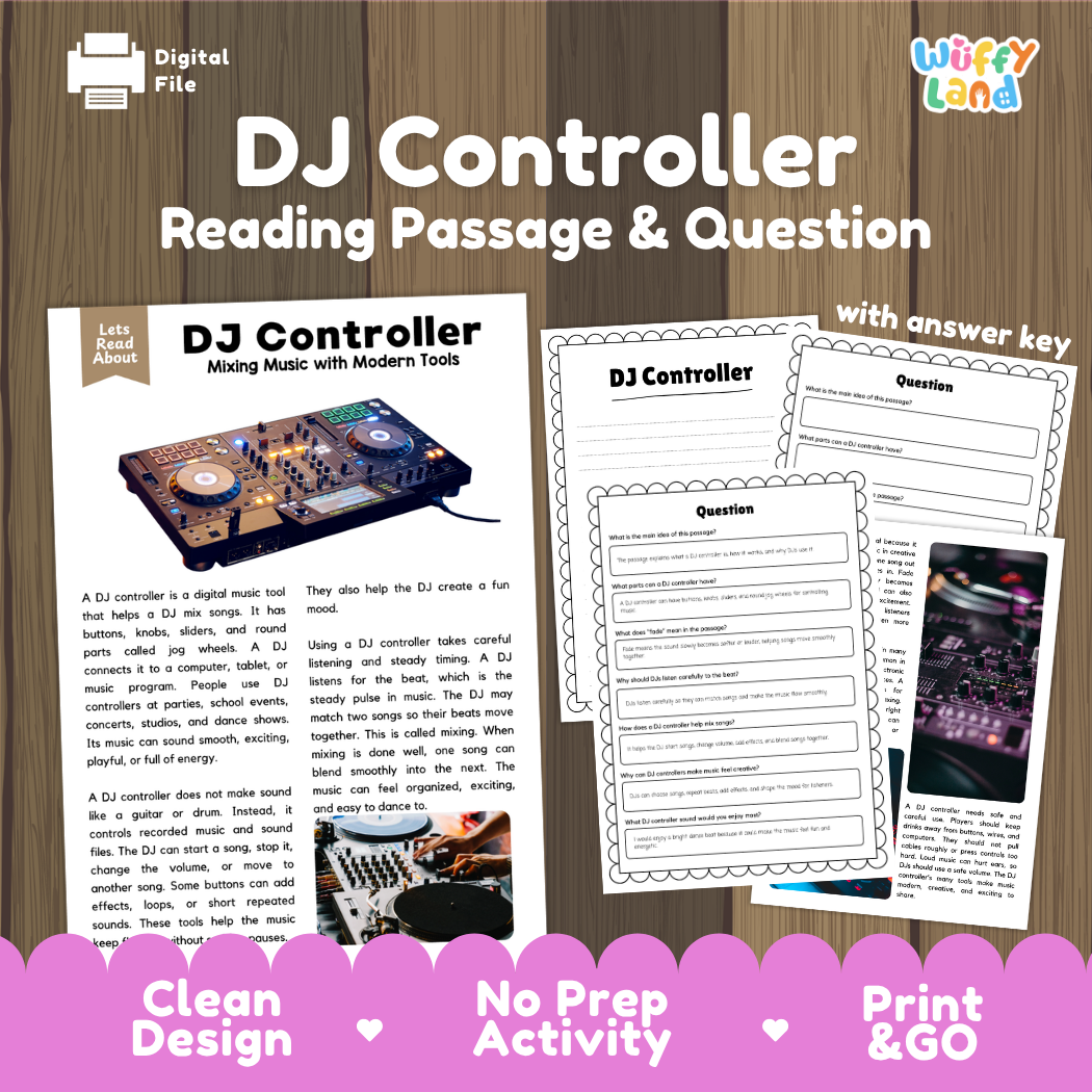 DJ Controller reading comprehension passage and questions printable activity pack with answer key for elementary students