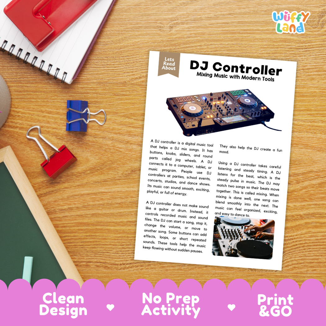 Student reading comprehension worksheet with short-answer questions and lined sections about the DJ controller instrument