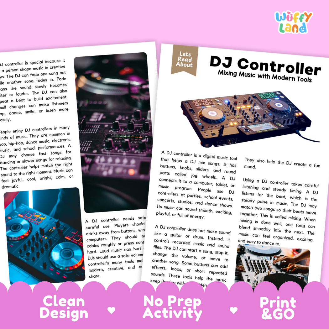 Teacher answer key page showing complete question solutions for DJ Controller music education reading comprehension practice